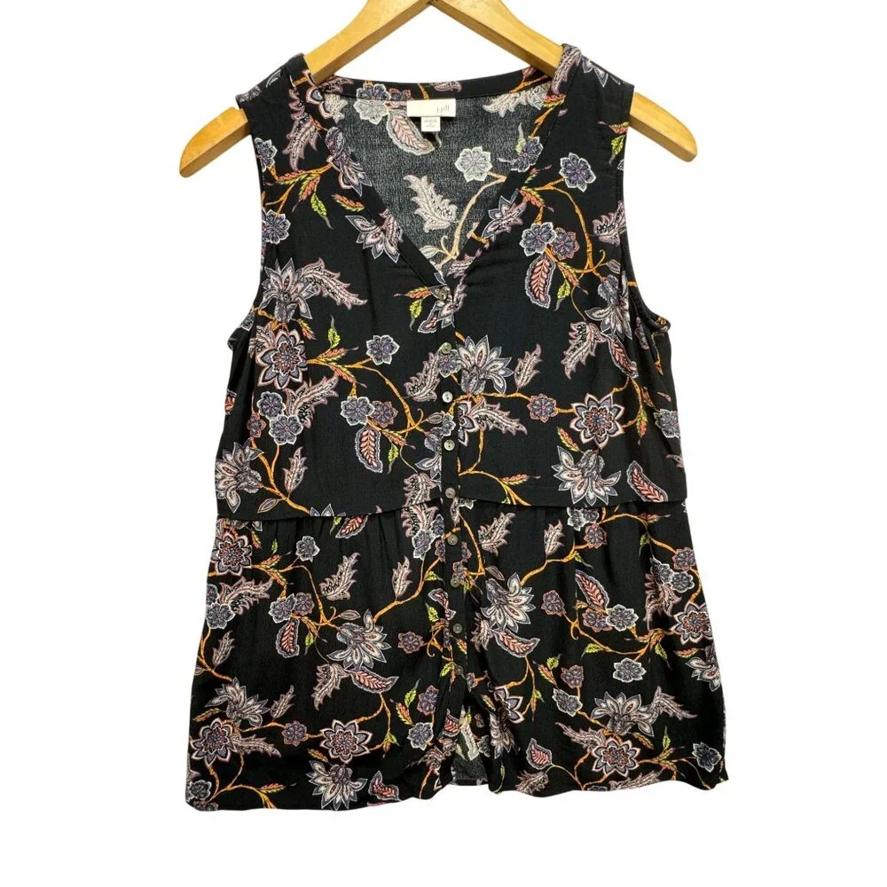 J. Jill Womens Button-Front Blouse Top Size S Petite Black Floral Sleeveless Y2K - Picture 2 of 11